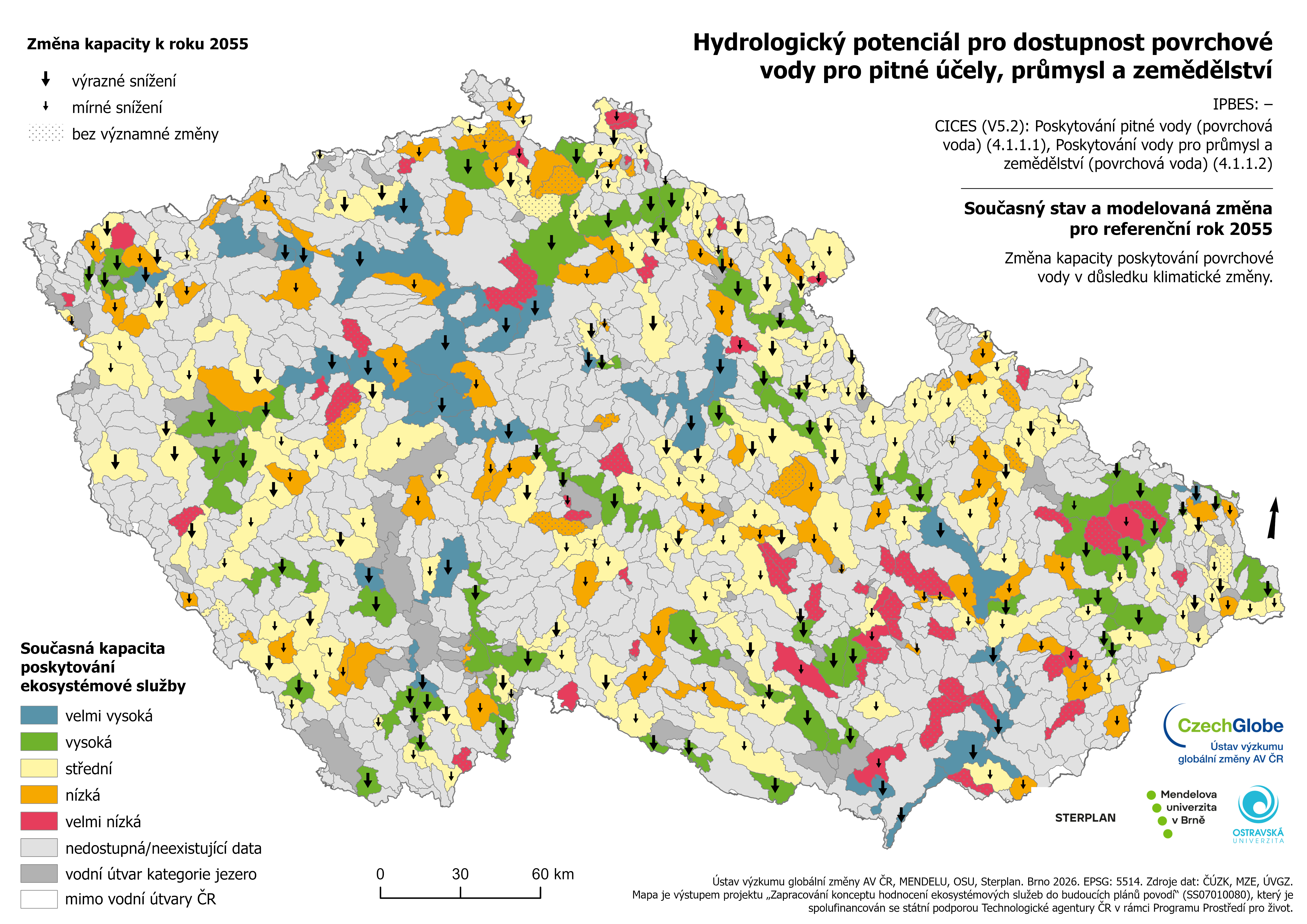 3-K-55 - Dostupnost povrchové vody (2055), porovnání se současným stavem